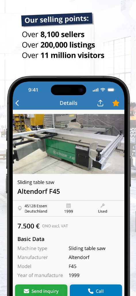 Machineseeker - Machineseeker app displaying a detailed listing for a used industrial sliding table saw