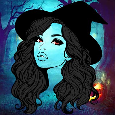 realistic witch girl with wavy hair and lips