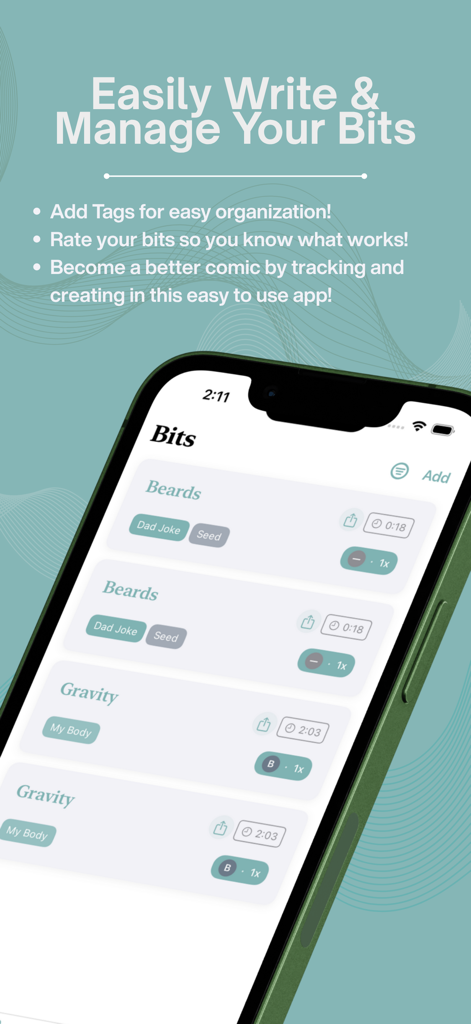 Set List: Standup Manager - iPhone screenshot showing the material management section of the Set List app where comedians can organize comedy bits with tags and track performance data