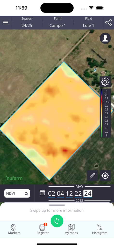 Nufarm - Nufarm app showing an NDVI vegetation index heatmap of a farm field for precision agriculture