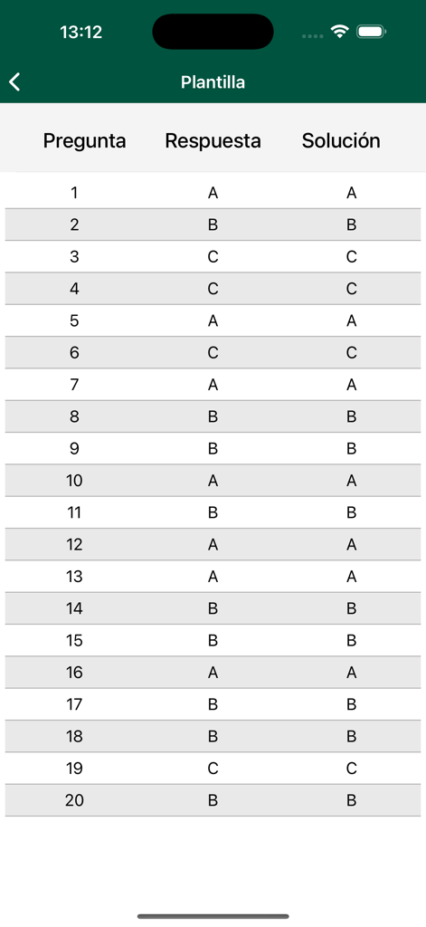 Calificaciones - Screenshot of the exam answer key section in the Calificaciones app showing student responses and correct solutions.