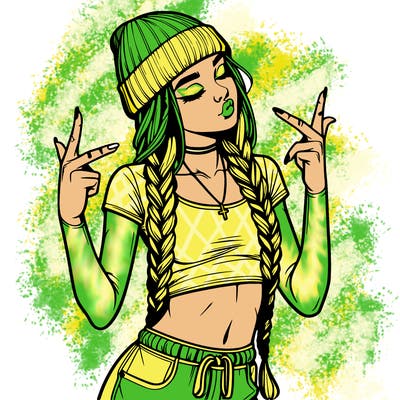 realistic teenage girl with braids and a beanie and crop top doing 🫶🏼