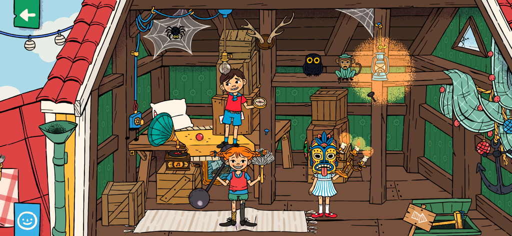 World of Pippi Longstocking - Pippi Longstocking and her friends exploring the mysterious attic of Villa Villekulla with various treasures and animals.