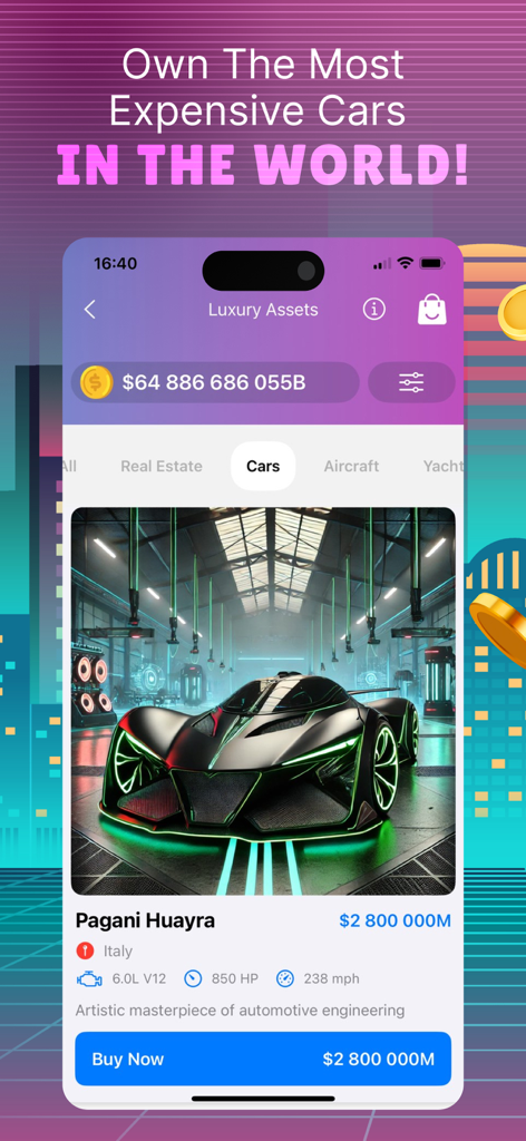 Business Tycoon Clash & Deals - Interfaz del juego móvil que muestra un superdeportivo Pagani Huayra disponible para comprar en la aplicación Business Tycoon Clash and Deals.