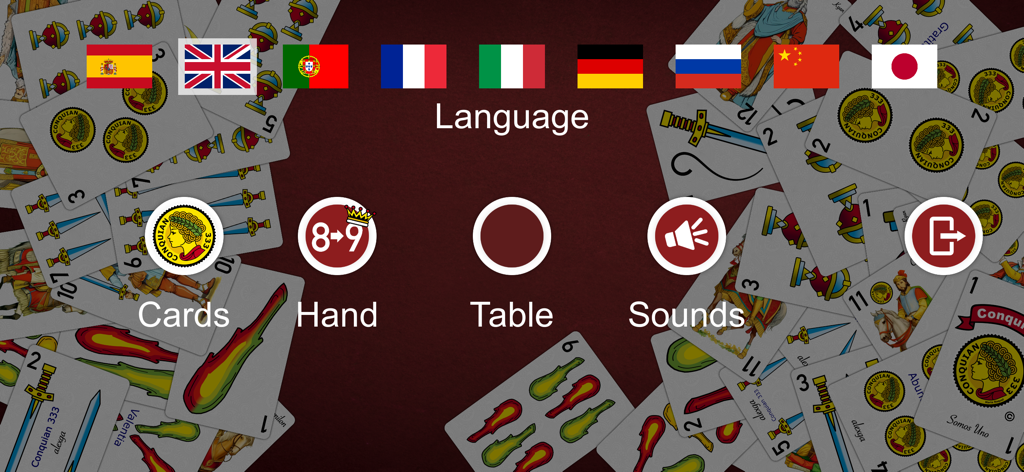 Conquian 333 plus settings screen featuring language flags and customization options for cards and sound.