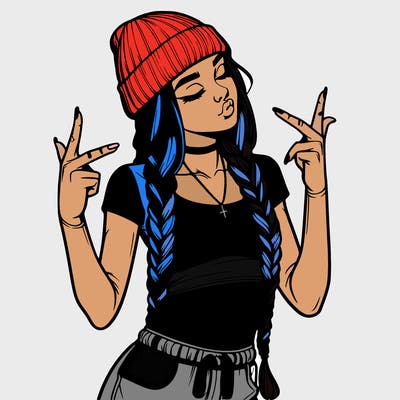 realistic teenage girl with braids and a beanie and crop top doing 🫶🏼