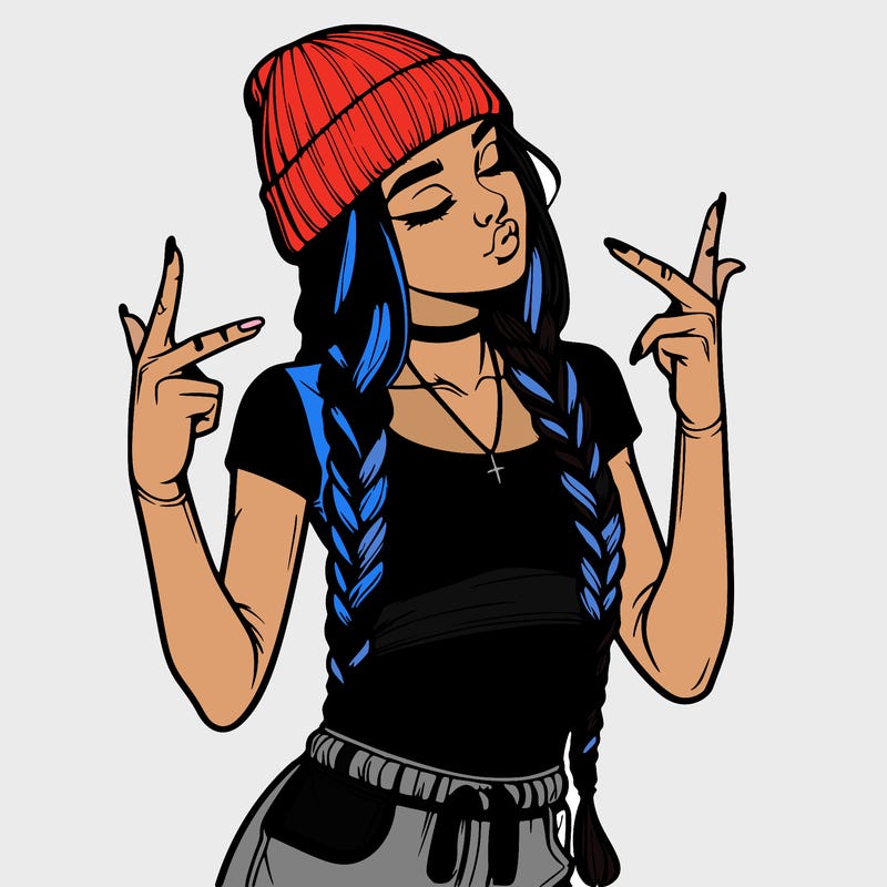 realistic teenage girl with braids and a beanie and crop top doing 🫶🏼