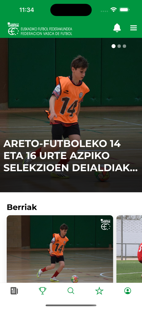 EFF-FVF - Pantalla de inicio de la aplicación oficial de la Federación Vasca de Fútbol mostrando noticias de futsal juvenil y menú de navegación.