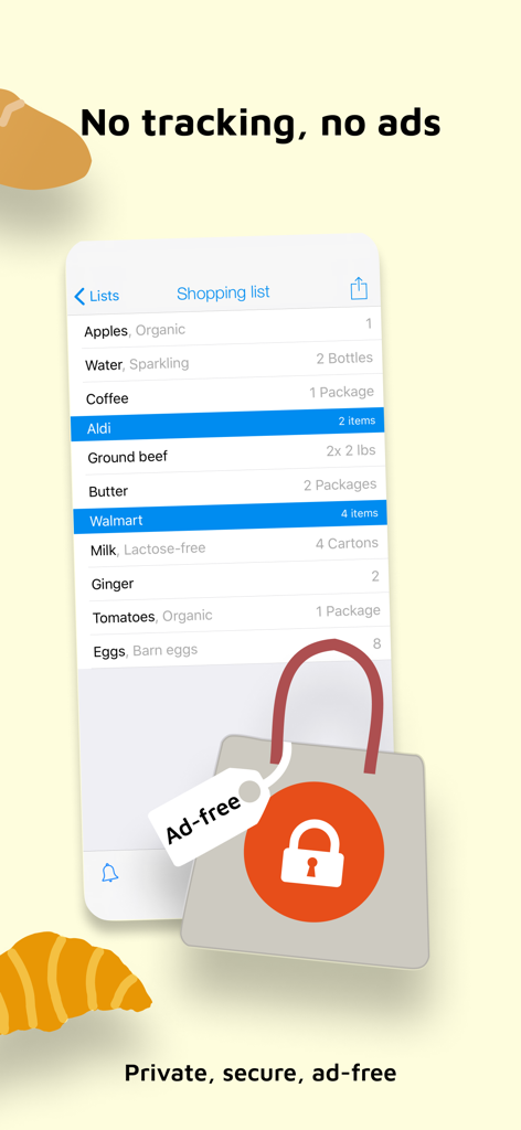 The pon app interface showing a grocery shopping list organized by store with a focus on privacy and ad-free features