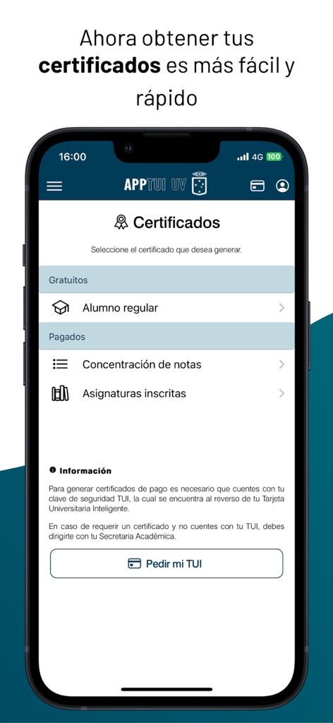 AppTUI UV Digital - Captura de pantalla de la aplicación AppTUI UV Digital que muestra la sección de certificados donde los estudiantes pueden solicitar el estado de estudiante regular y los certificados de notas.