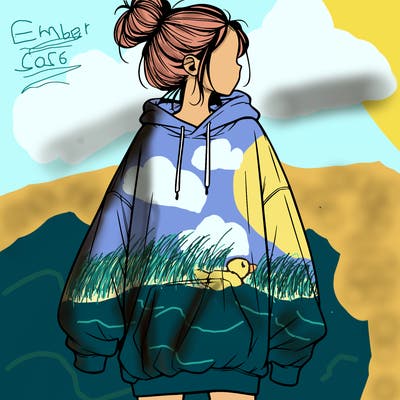 realistic girl with a oversized sweatshirt on and a bun
