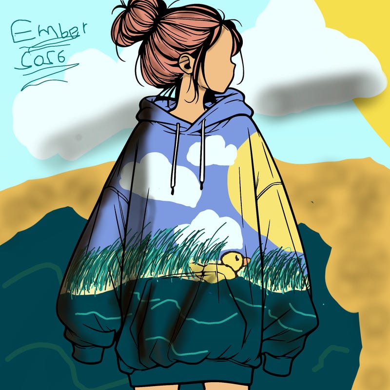 realistic girl with a oversized sweatshirt on and a bun