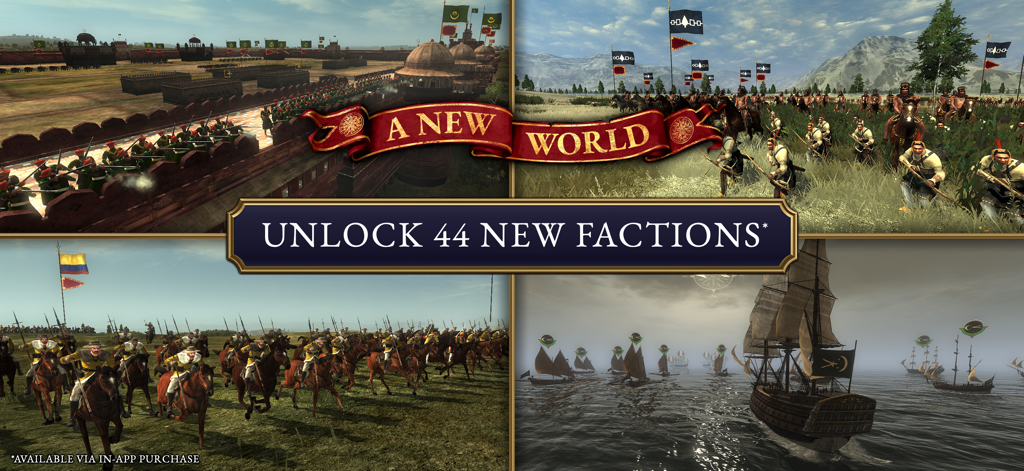 Total War™: EMPIRE - Collage of gameplay scenes from the A New World expansion showing land battles, naval combat, and new factions