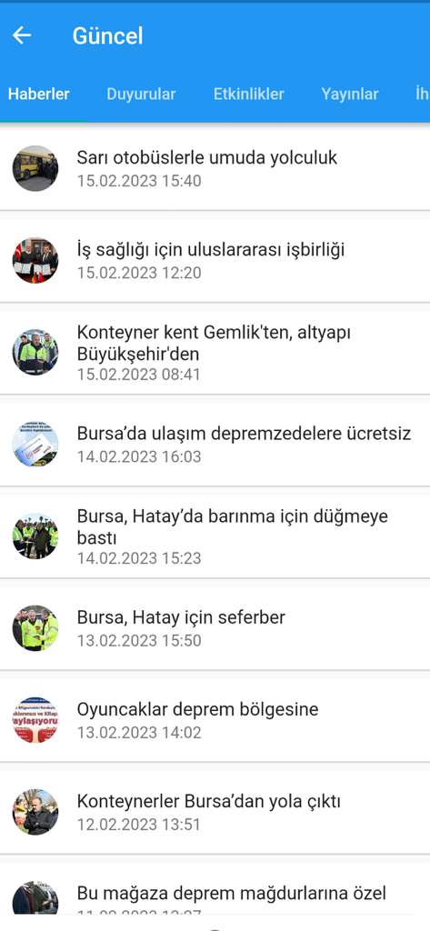 Bursa Büyükşehir Belediyesi - Latest news and updates screen from the Bursa Metropolitan Municipality mobile application.