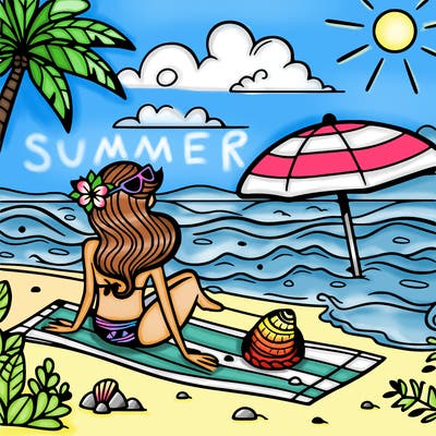 beach with a girl in a bathing suit in the summer