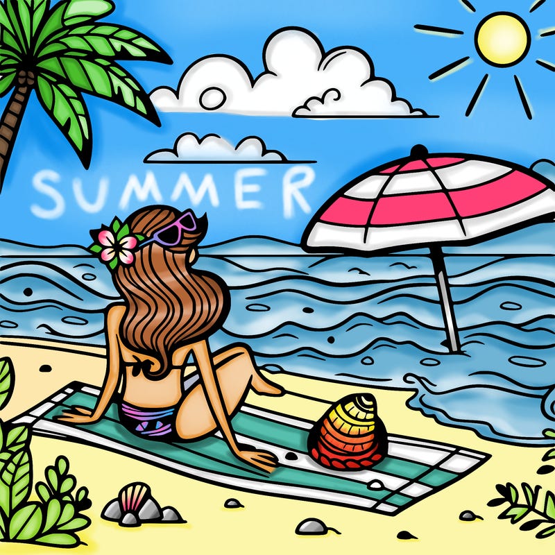 beach with a girl in a bathing suit in the summer