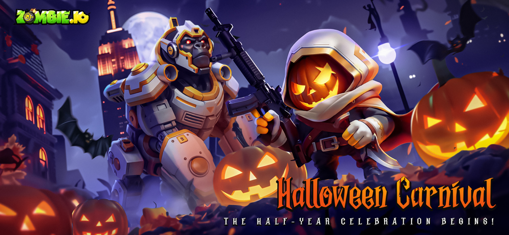 Mecha gorilla and pumpkin headed potato character in the Zombie.io Halloween Carnival event banner