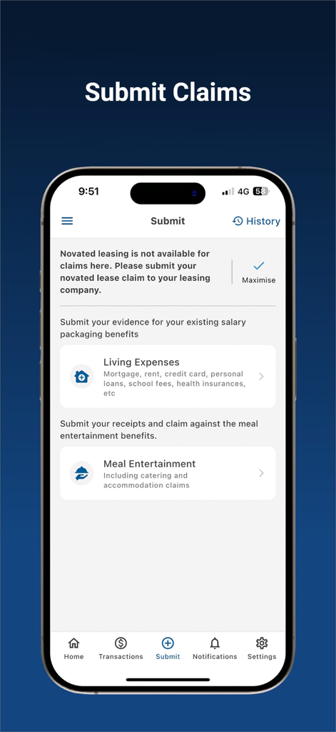 my+ - Captura de tela do aplicativo my plus mostrando a tela de envio de reivindicações para benefícios de empacotamento salarial, incluindo despesas de subsistência e entretenimento com refeição