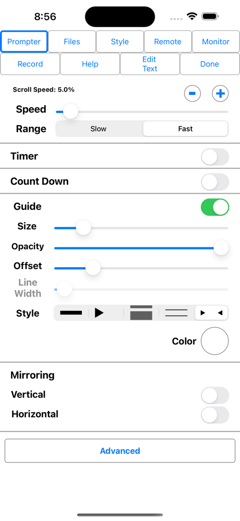 iCue - Menú de configuración de la aplicación teleprompter iCue que muestra controles de velocidad de desplazamiento, personalización de guías y opciones de duplicación de pantalla.