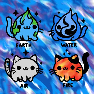 4 cats that represent the different elements, earth, water, air, and fire