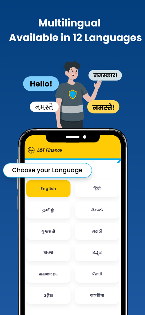 L&T Finance PLANET - Loan App - A mobile screen showing the PLANET by L&T Finance app with options to choose from 12 different Indian languages