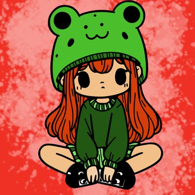 a girl wearing a frog hat and some frog socks