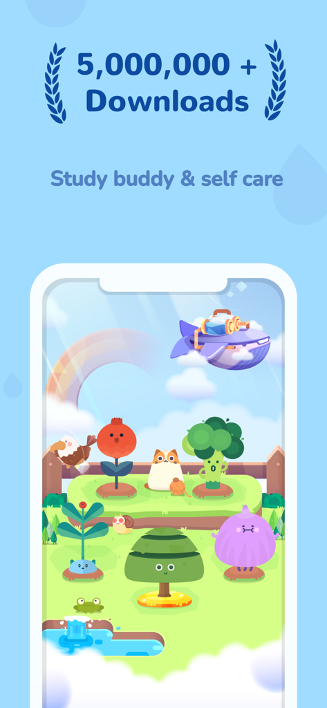 Focus Plant: Forest phone lock - Focus Plant 앱 화면에 5백만 다운로드와 정원에 있는 다양한 귀여운 만화 식물이 표시됨