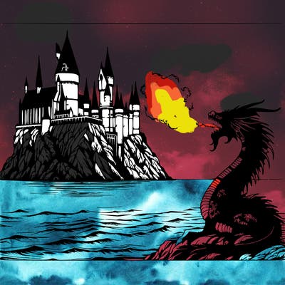 realistic harry potter castle around the ocean with a dragon breathing fire