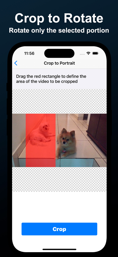 Video Rotate - Fix rotation - Uma interface de aplicativo móvel mostrando o recurso Recorte para Girar com uma área de seleção vermelha sobre um vídeo de dois cachorros