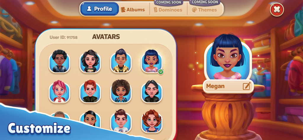 Domino Go: Dominoes Board Game - Menu do jogo mostrando uma variedade de avatares de personagens selecionáveis para perfis de jogador no Domino Go