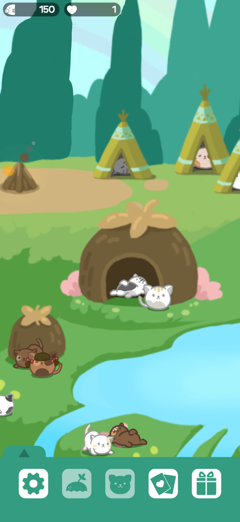 Solitaire Cat Paradise - Un'isola accogliente con simpatici gatti che riposano nelle capanne e vicino a uno stagno in Solitaire Cat Paradise