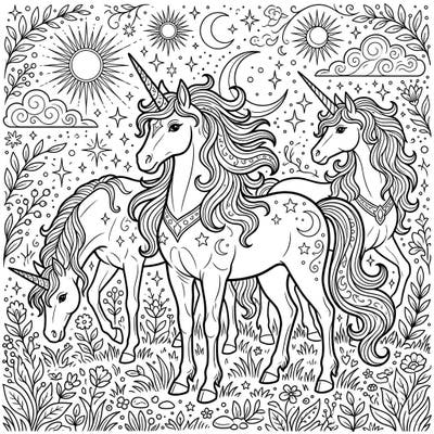 Immerse yourself in a world of fantasy with this enchanting Golden Unicorns coloring page. Discover a majestic trio of mythical creatures surrounded by lush celestial and natural details, ready for your creative touch.