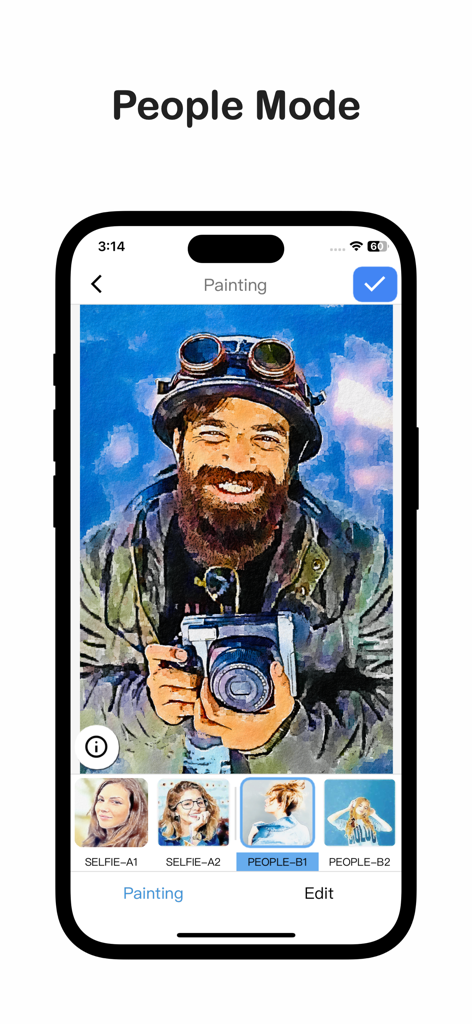 La interfaz de la aplicación Qnipaint que muestra un retrato de un hombre con un filtro de acuarela aplicado usando la función Modo Personas.