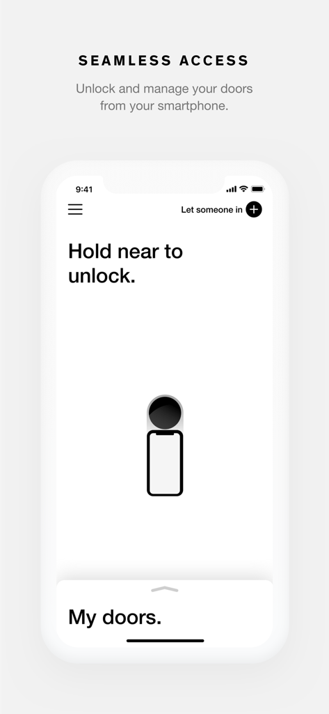 Interfaz de smartphone de la app Latch que muestra la función de mantener cerca para desbloquear para un acceso sin interrupciones al edificio