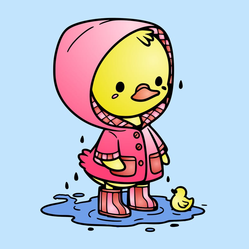 baby duck in a rain coat and boots, in a puddle while it’s raining