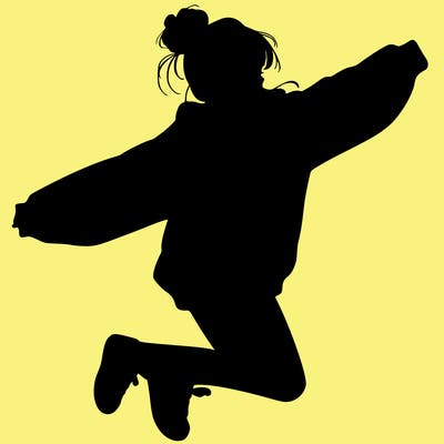realistic girl jumping with a bun and oversized sweatshirt