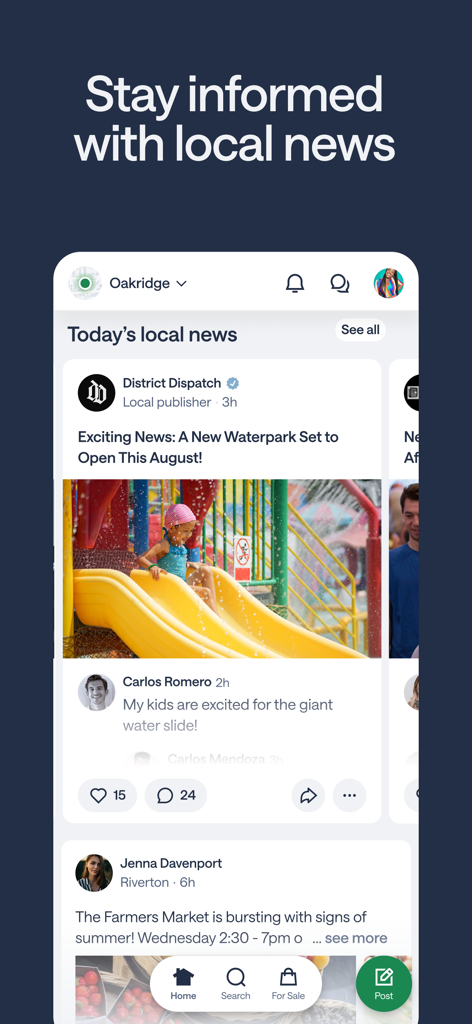 Nextdoor app screen showing local neighborhood news and community updates.