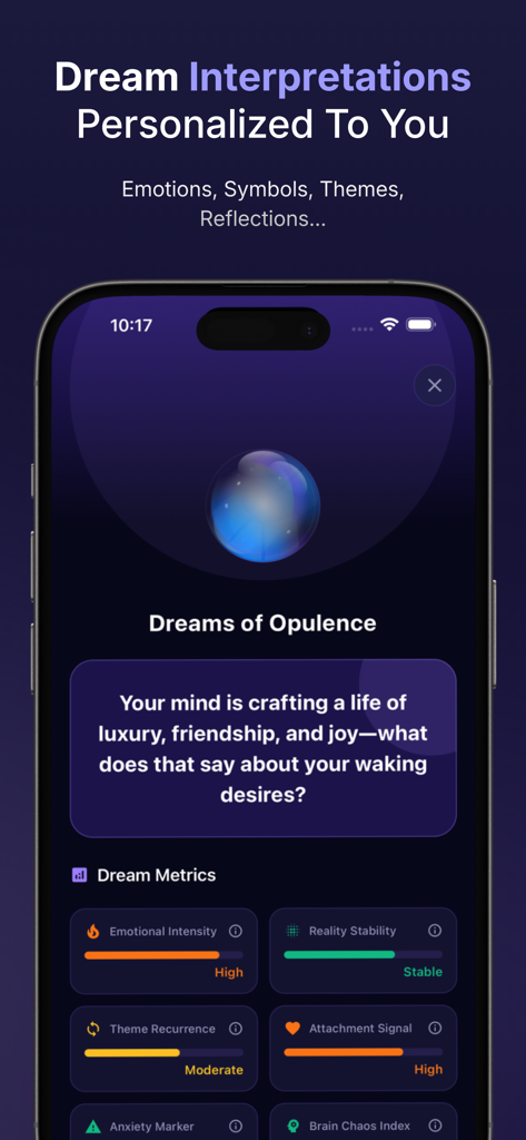 Lucidia - My Dream Journal - A mobile screen from the Lucidia app displaying personalized dream interpretations and emotional metrics like intensity and stability.
