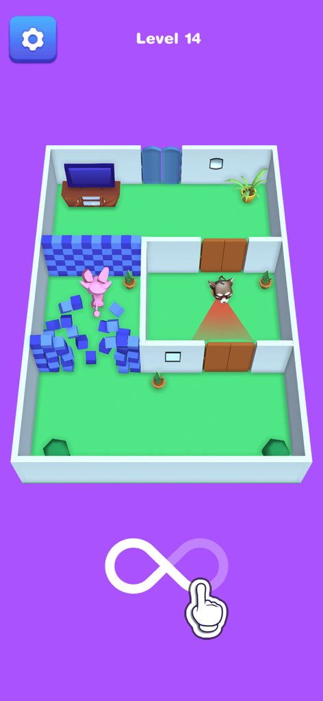Cat Games - Animal Games - A pink cat sneaking past a security guard with a red vision cone in a puzzle room level.