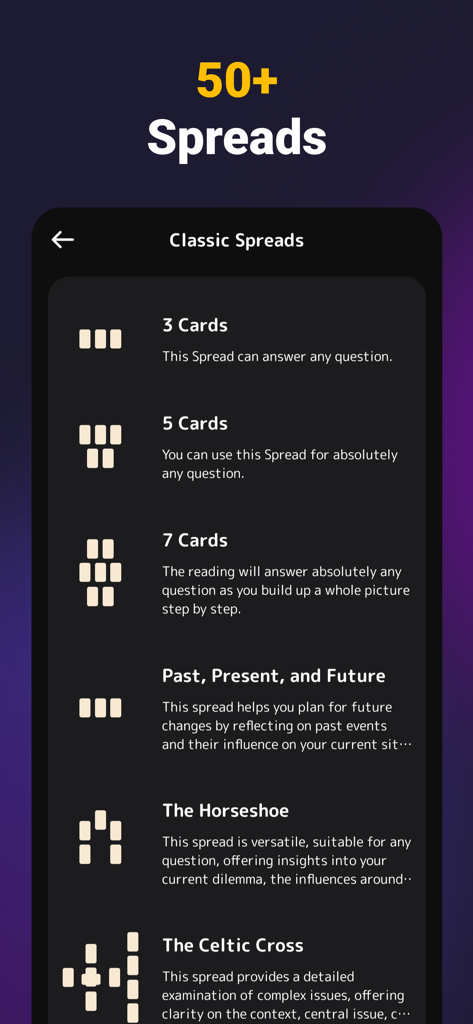 Tarot Card Reading and Meaning - Un menú de más de cincuenta tiradas clásicas de cartas del tarot en la aplicación Lectura e Interpretación de Cartas del Tarot