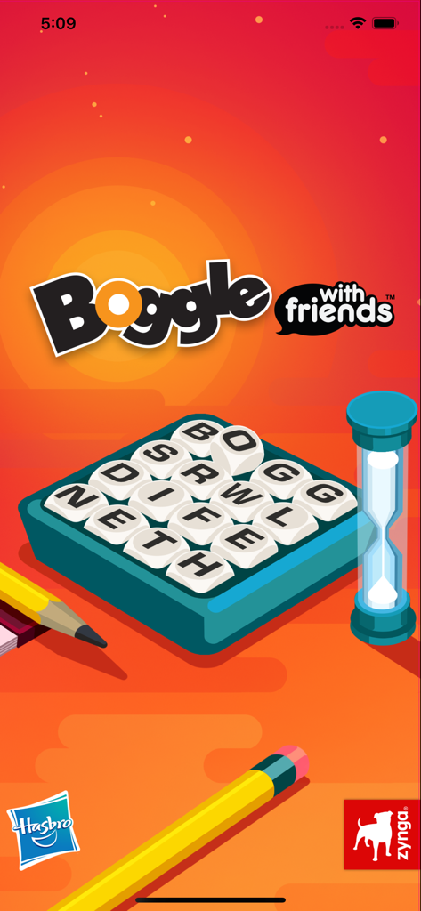 Boggle With Friends game splash screen featuring letter dice and an hourglass timer