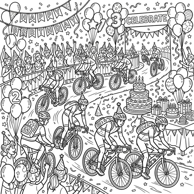 Join the celebration with this exciting coloring page featuring teen cyclists speeding through a festive birthday party. It's a perfect blend of action and fun, ready for your creative touch.