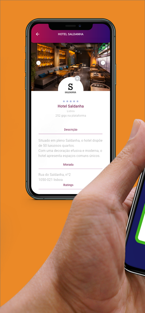 merytu - Aplicación móvil merytu mostrando un perfil de negocio para el Hotel Saldanha en Lisboa con calificaciones y descripción