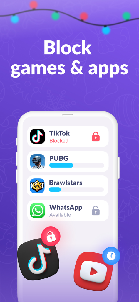 Parental Control App Kids360 - Mobile interface of Kids360 app showing a list of blocked and restricted games and social media applications