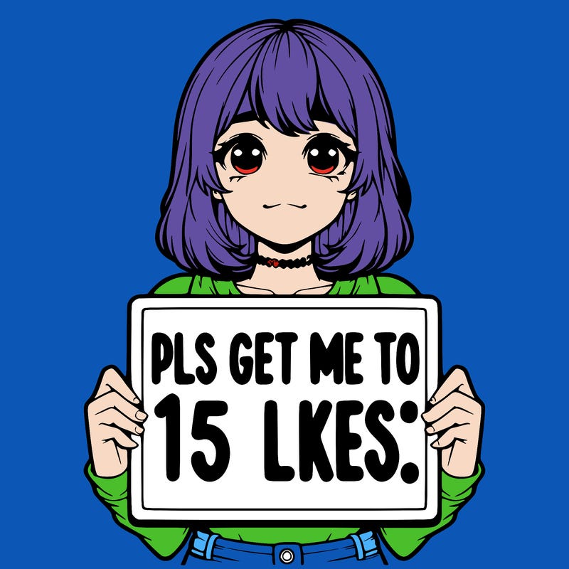realistic girl holding up a sign that says “pls get me to 15 likes!”