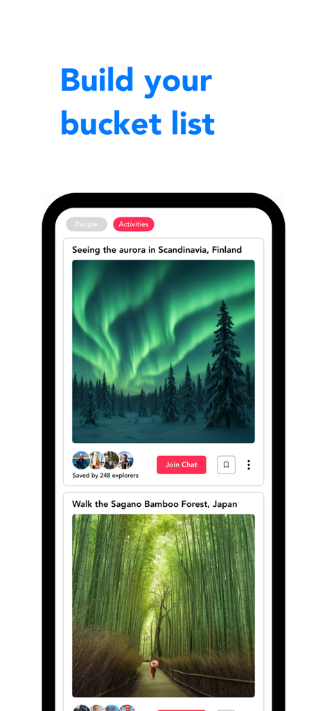 Fairytrail mobile app screen displaying travel bucket list activities including the aurora in Finland and bamboo forest in Japan