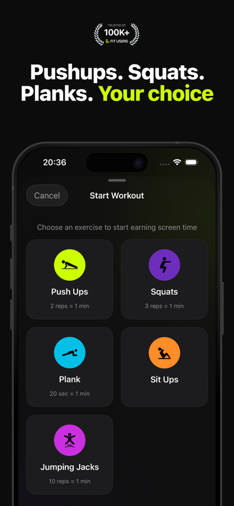 Repscroll: Push Up Screen Time - Repscroll app interface displaying exercise options like pushups and squats to earn screen time