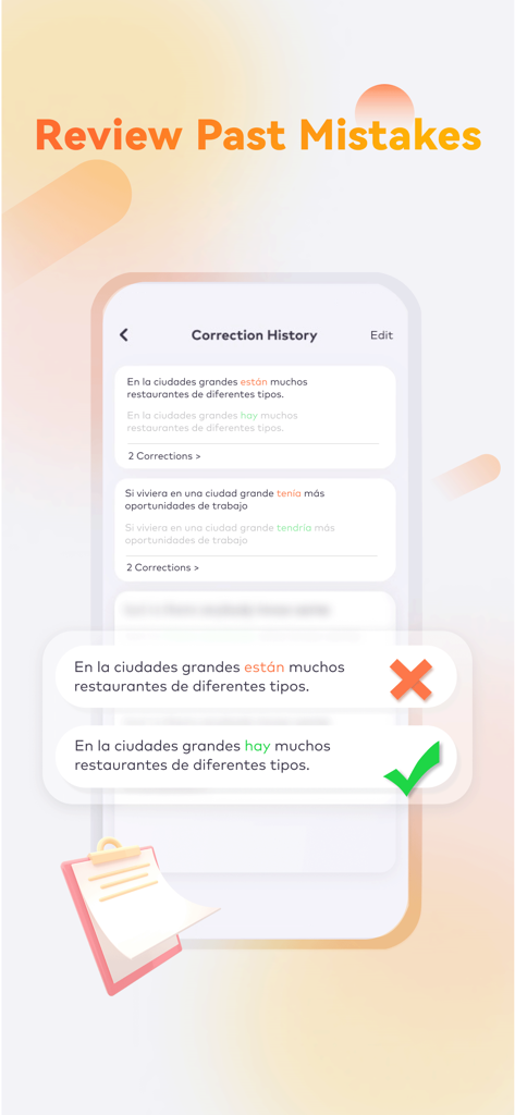 Correction history screen showing previous Spanish grammar mistakes and their AI corrections