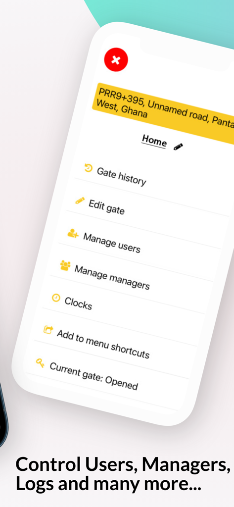opengate. - Interface of the opengate app showing options to manage users and view gate history