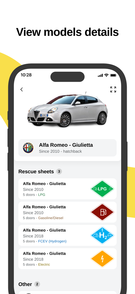 ANCAP RESCUE - A mobile app screen showing vehicle details and various rescue sheets for an Alfa Romeo Giulietta including LPG Gasoline and Electric versions